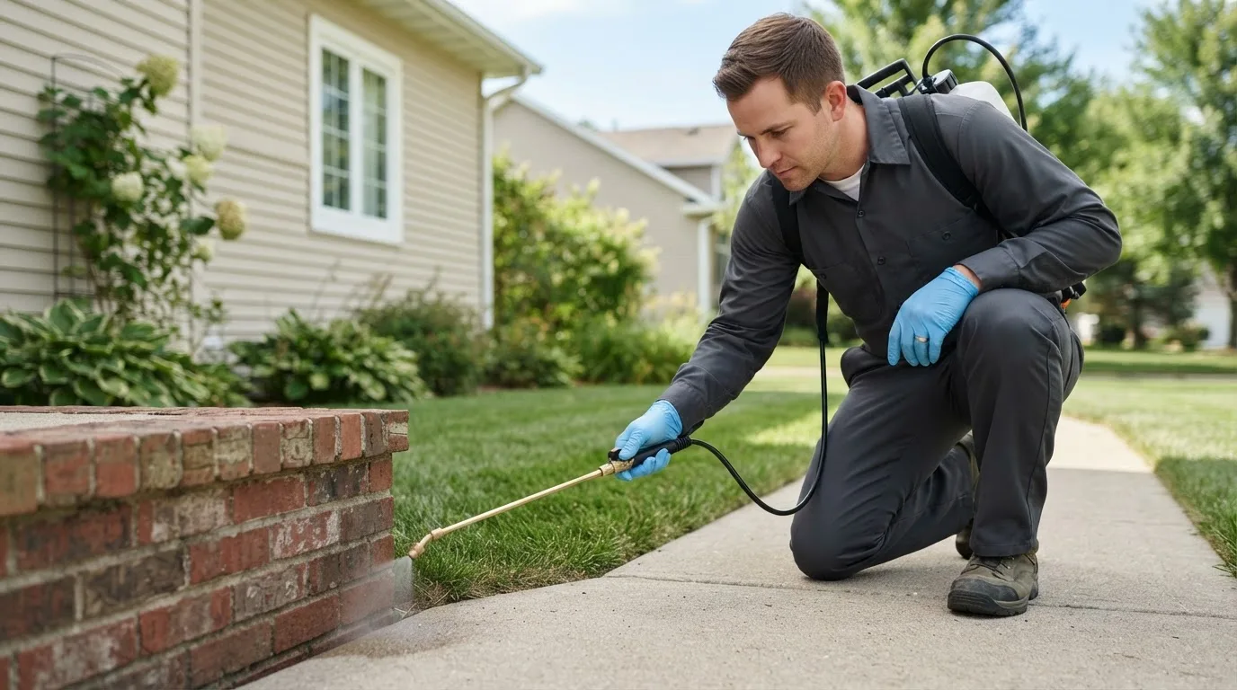 Pest control technician treating a home near Groton, MA