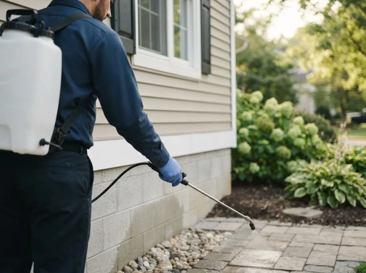 Pest control technician inspecting a home in Groton, MA